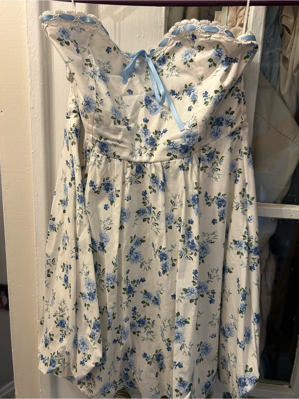 Altar'd State White Strapless Dress with Blue Floral Print